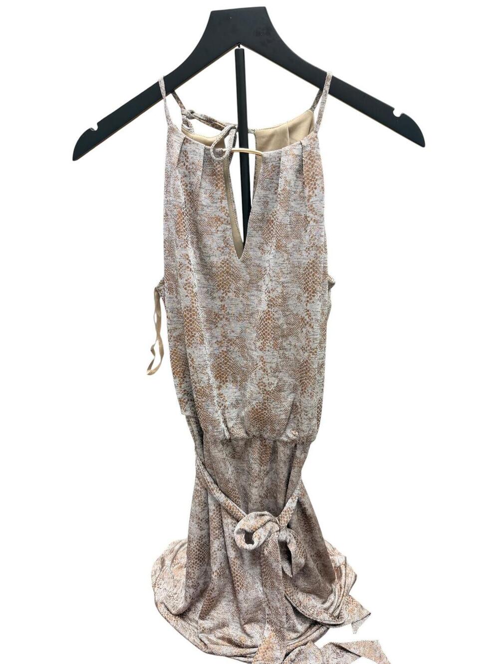WHBM  Beige Brown Snakeskin Print Halter Tie-Waist Mini Dress Petite - Picture 2 of 7